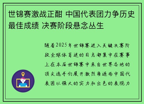 世锦赛激战正酣 中国代表团力争历史最佳成绩 决赛阶段悬念丛生